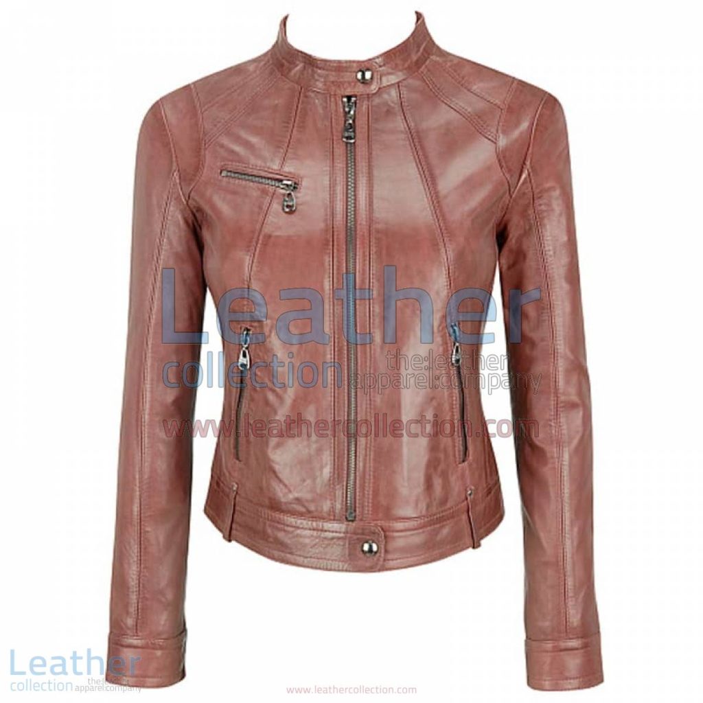 Banded Collar Washed Leather Scuba Jacket in Brown | leather scuba jacket