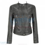 Banded Collar Washed Leather Scuba Jacket in Gray | leather scuba jacket