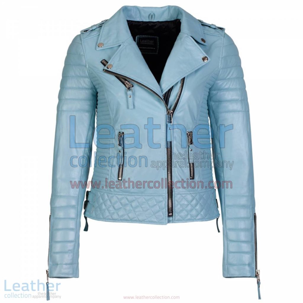 Biker Womens Leather Quilted Jacket Sky Blue | womens leather quilted jacket