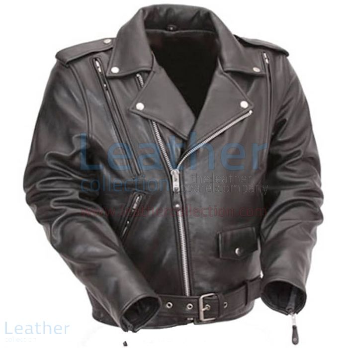 Black Leather Motorcycle Jacket with Exclusive Built-in Back Support Front View