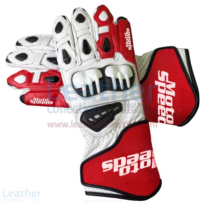 Red & White Leather Moto Gloves upper view