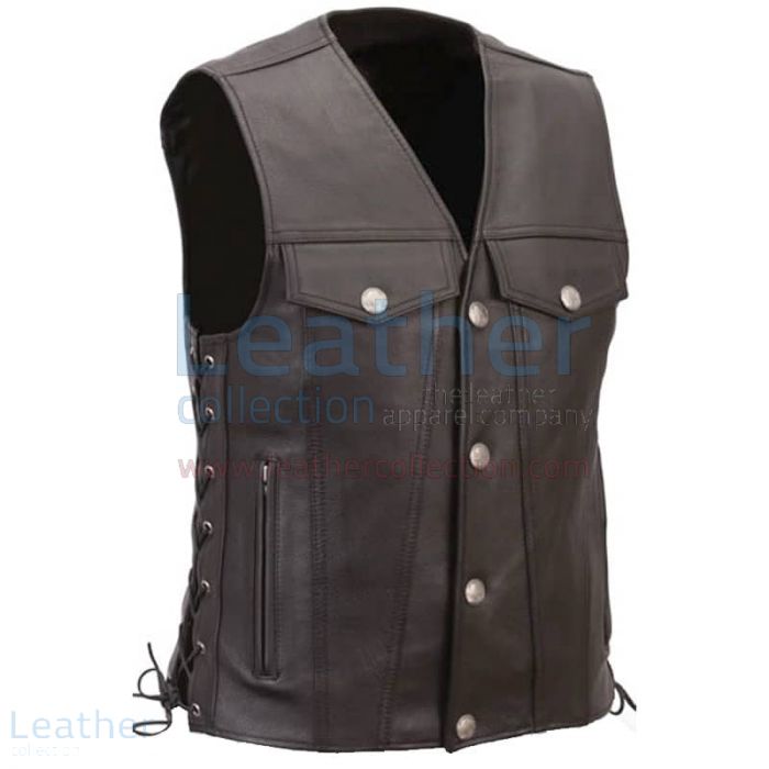 MENS LEATHER MOTORCYCLE VEST WITH BUFFALO NICKEL SNAPS