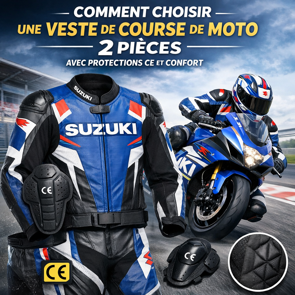 Combinaison de course de moto Suzuki en 2 pièces illustration for Comment choisir une veste de course de moto 2 pièces avec p