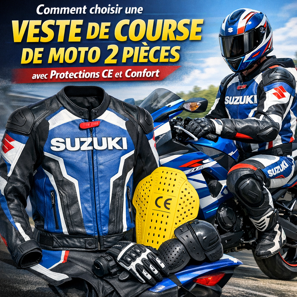 Combinaison de course de moto Suzuki en 2 pièces illustration for Comment choisir une veste de course de moto 2 pièces avec p