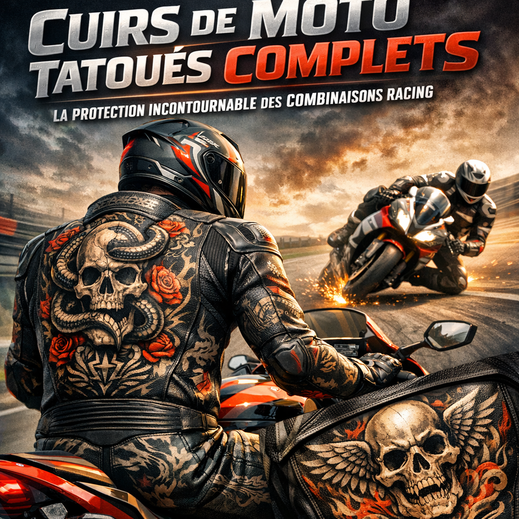 Illustration of Cuirs de moto tatoués complets : La protection incontournable des combinaisons racing