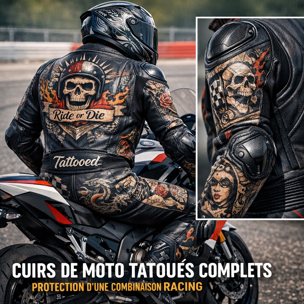 Illustration of Cuirs de moto tatou&eacute;s complets : protection d&rsquo;une combinaison racing