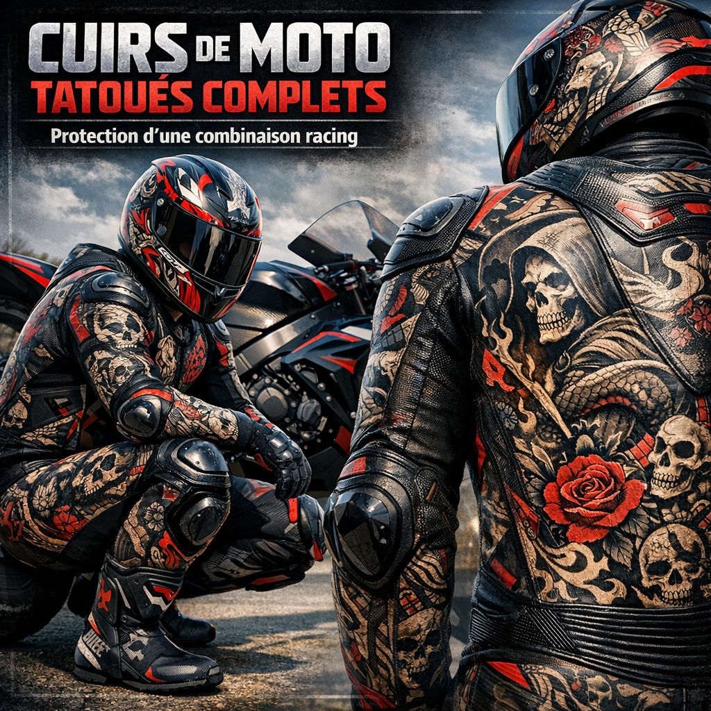 Illustration of Cuirs de moto tatoués complets : protection d’une combinaison racing