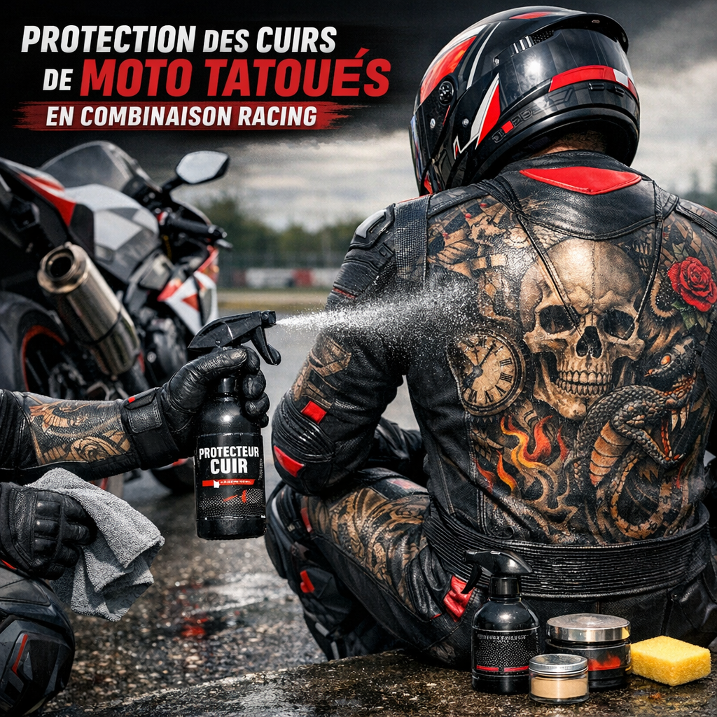 Illustration of Protection des cuirs de moto tatoués complets en combinaison racing