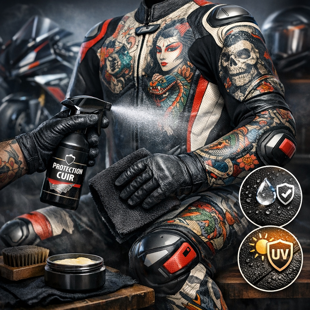 Illustration of Protection des cuirs de moto tatoués complets en combinaison racing
