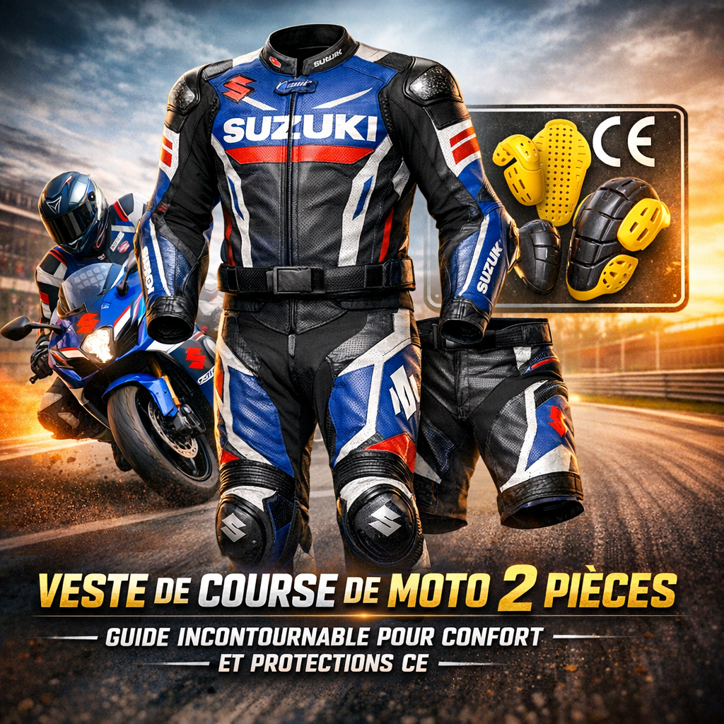 Combinaison de course de moto Suzuki en 2 pièces illustration for Veste de course de moto 2 pièces : Guide incontournable pou
