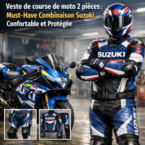 Combinaison de course de moto Suzuki en 2 pi&egrave;ces illustration for Veste de course de moto 2 pi&egrave;ces : Must-Have Combinaison Su