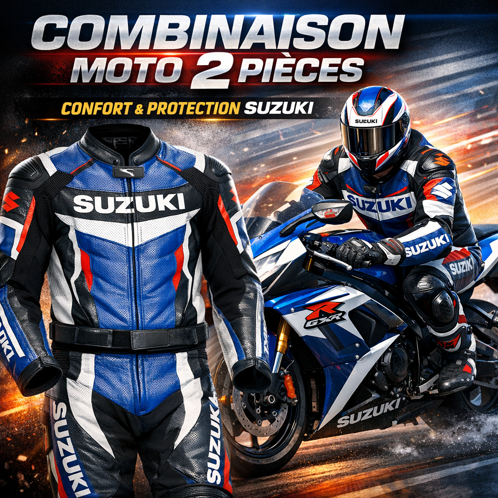 Combinaison de course de moto Suzuki en 2 pièces illustration for Veste de course de moto 2 pièces : Must-Have Combinaison Su